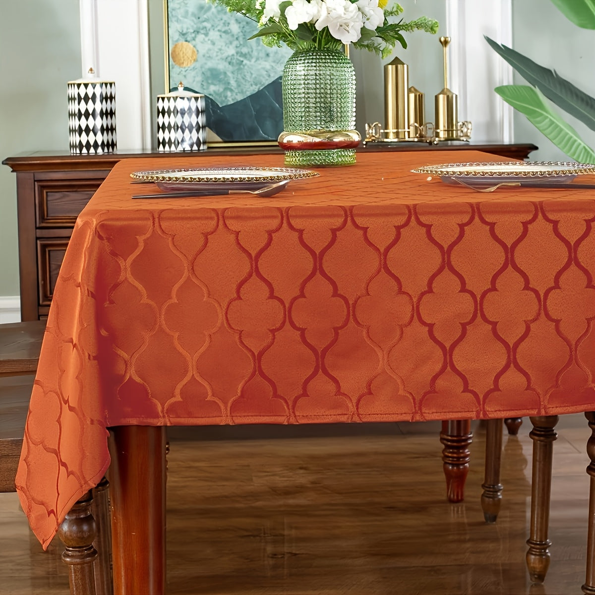1pc Elegant Moroccan Jacquard Tablecloth - Polyester Satin Fabric, Vibrant Orange & Mint Green Rectangular Design, Perfect for Indoor\u002FOutdoor Dining, Banquets, and Holiday Gatherings