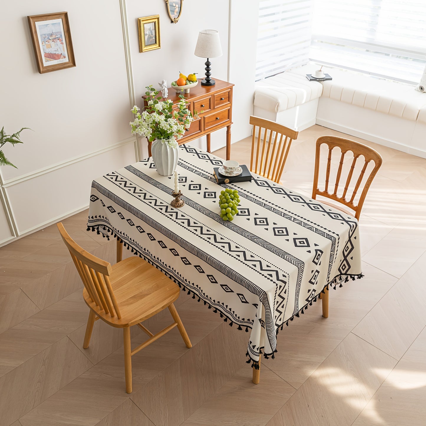 Elegant Bohemian Black Geometric Tablecloth with Tassels - Durable Polyester, Machine-Made, Perfect for Holiday Gatherings & Daily Dining, Holiday Table Setting | Bohemian Style | Woven Texture, Table Decorations