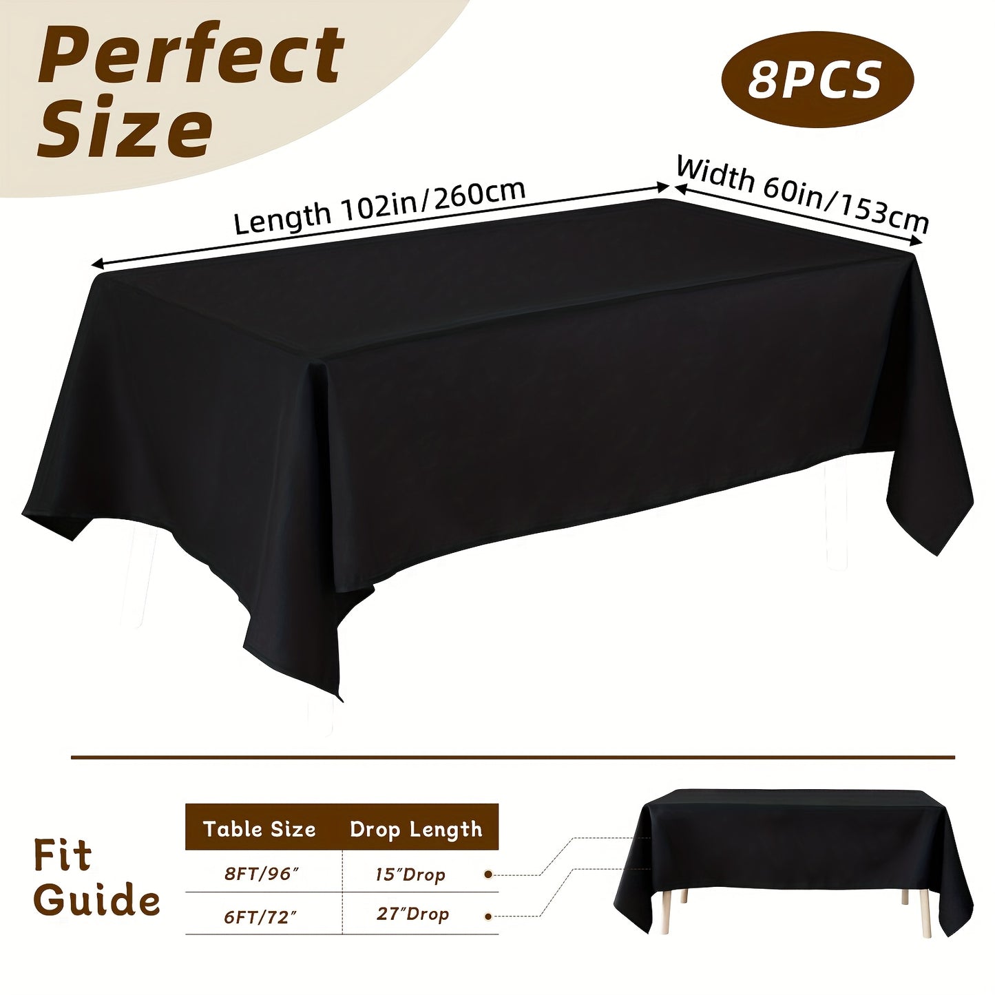 8pcs Valentines Tablecloths, Black Tablecloths 60x102 Inch Table Cloths for 6 Foot Rectangle Tables, Wrinkle Resistant Washable Rectangular Fabric Table Cover for Dining Wedding Banquet Camping Party, Best for Christmas