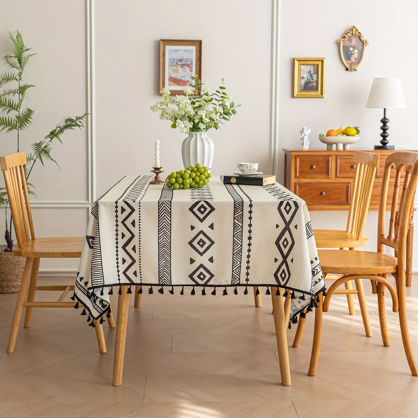Elegant Bohemian Black Geometric Tablecloth with Tassels - Durable Polyester, Machine-Made, Perfect for Holiday Gatherings & Daily Dining, Holiday Table Setting | Bohemian Style | Woven Texture, Table Decorations