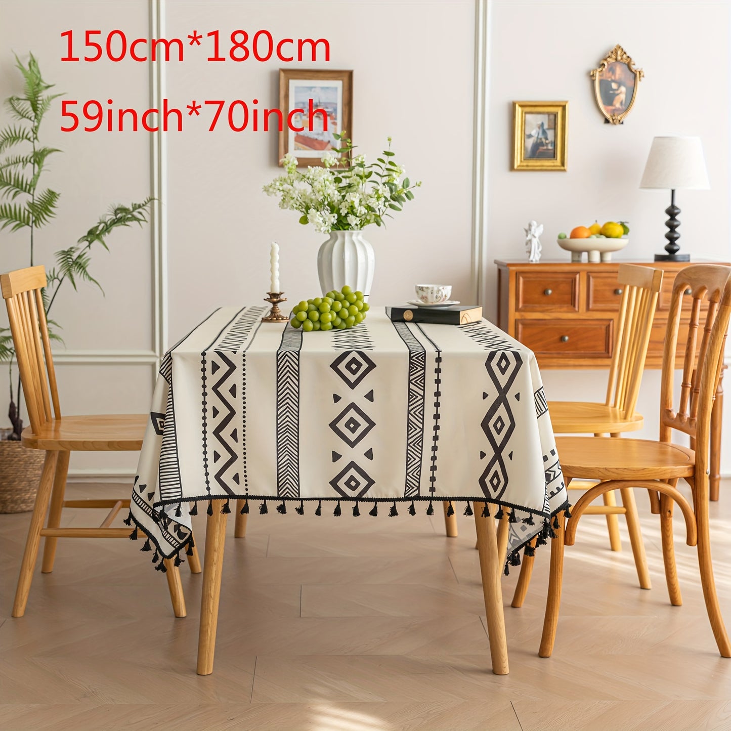 Elegant Bohemian Black Geometric Tablecloth with Tassels - Durable Polyester, Machine-Made, Perfect for Holiday Gatherings & Daily Dining, Holiday Table Setting | Bohemian Style | Woven Texture, Table Decorations