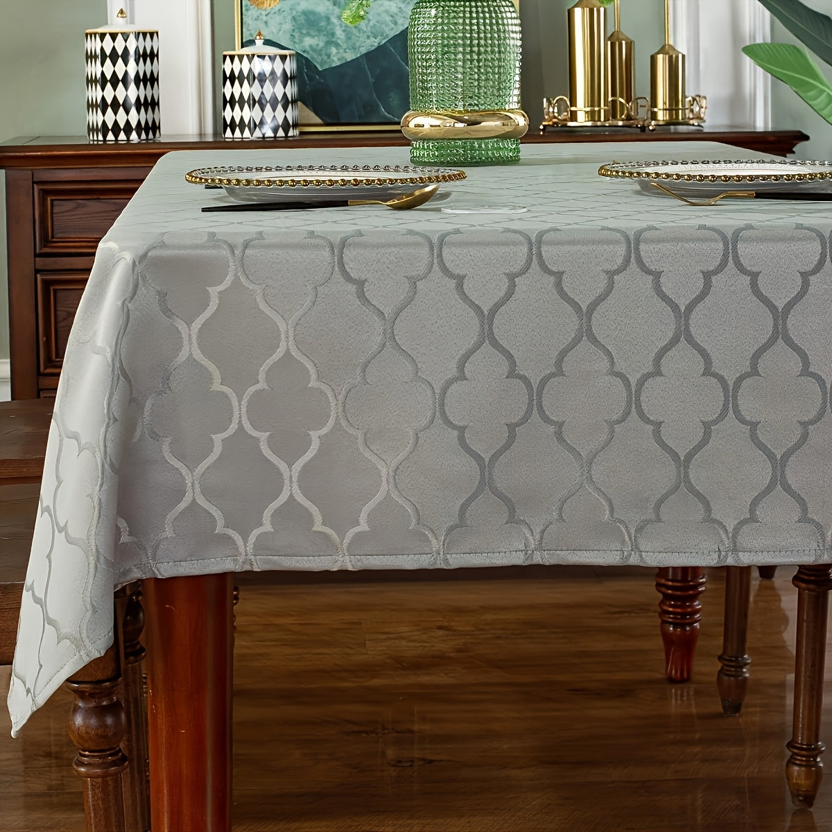1pc Elegant Moroccan Jacquard Tablecloth - Polyester Satin Fabric, Vibrant Orange & Mint Green Rectangular Design, Perfect for Indoor\u002FOutdoor Dining, Banquets, and Holiday Gatherings