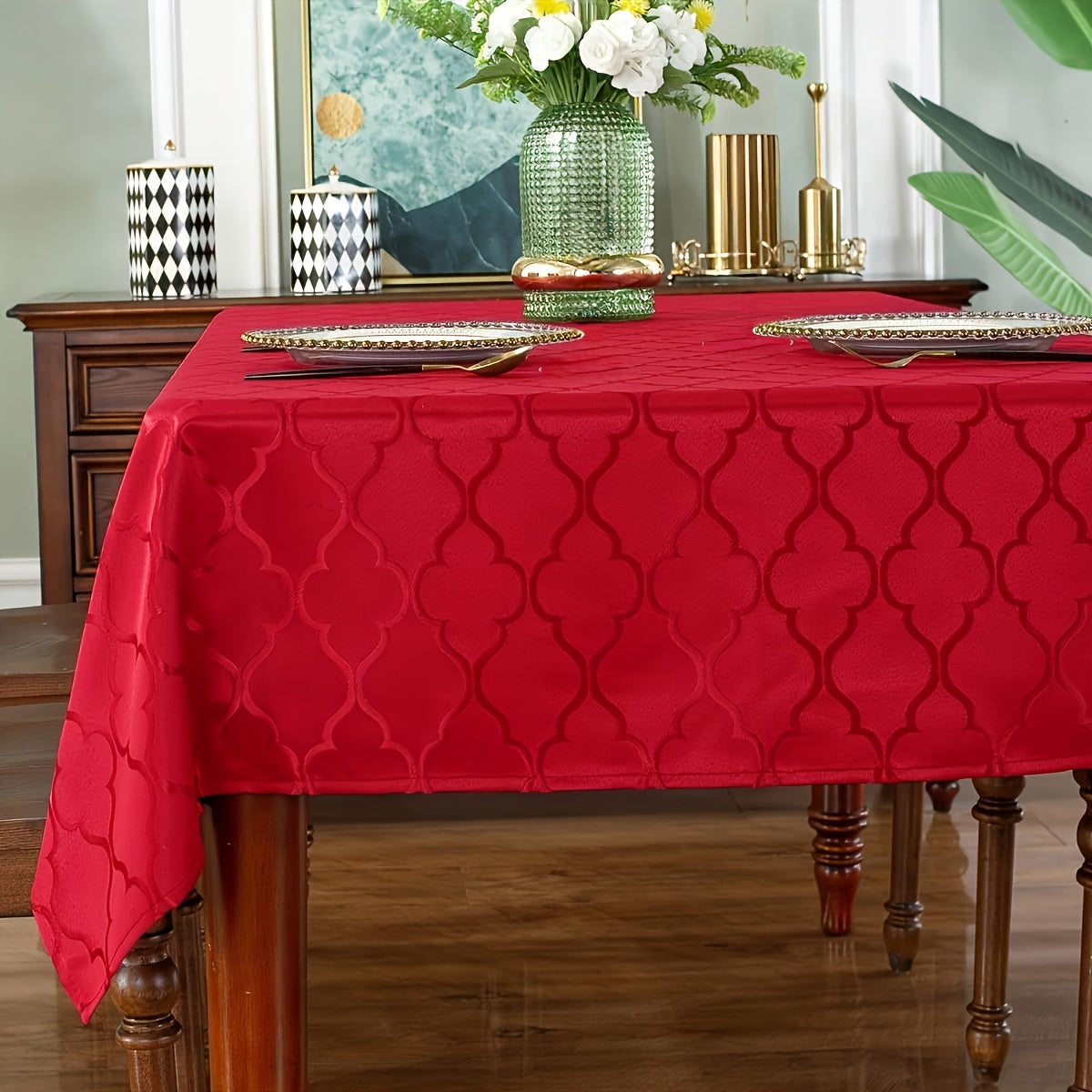 1pc Elegant Moroccan Jacquard Tablecloth - Polyester Satin Fabric, Vibrant Orange & Mint Green Rectangular Design, Perfect for Indoor\u002FOutdoor Dining, Banquets, and Holiday Gatherings