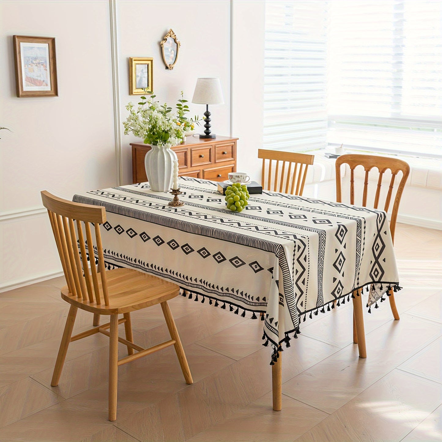 Elegant Bohemian Black Geometric Tablecloth with Tassels - Durable Polyester, Machine-Made, Perfect for Holiday Gatherings & Daily Dining, Holiday Table Setting | Bohemian Style | Woven Texture, Table Decorations