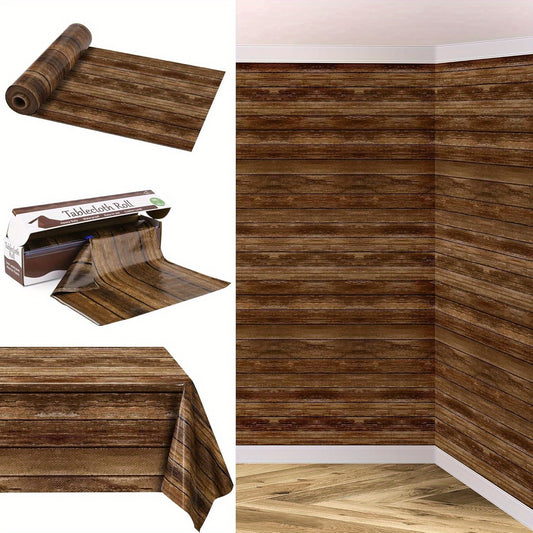 Vintage Western Themed Table Cover 100ft x 54 Inch Wood Grain Tablecloth Roll in Slide Cutter Box Disposable Rustic Backdrop Vintage Table Cover Western Themed Bulletin Board Plastic Roll for Barn Birthday Classroom Decor