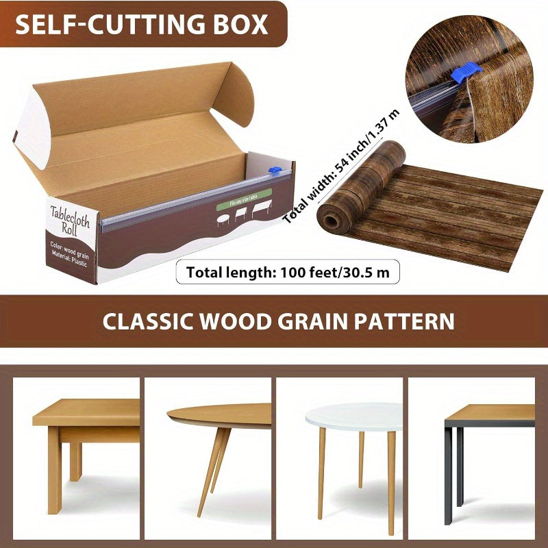 Vintage Western Themed Table Cover 100ft x 54 Inch Wood Grain Tablecloth Roll in Slide Cutter Box Disposable Rustic Backdrop Vintage Table Cover Western Themed Bulletin Board Plastic Roll for Barn Birthday Classroom Decor
