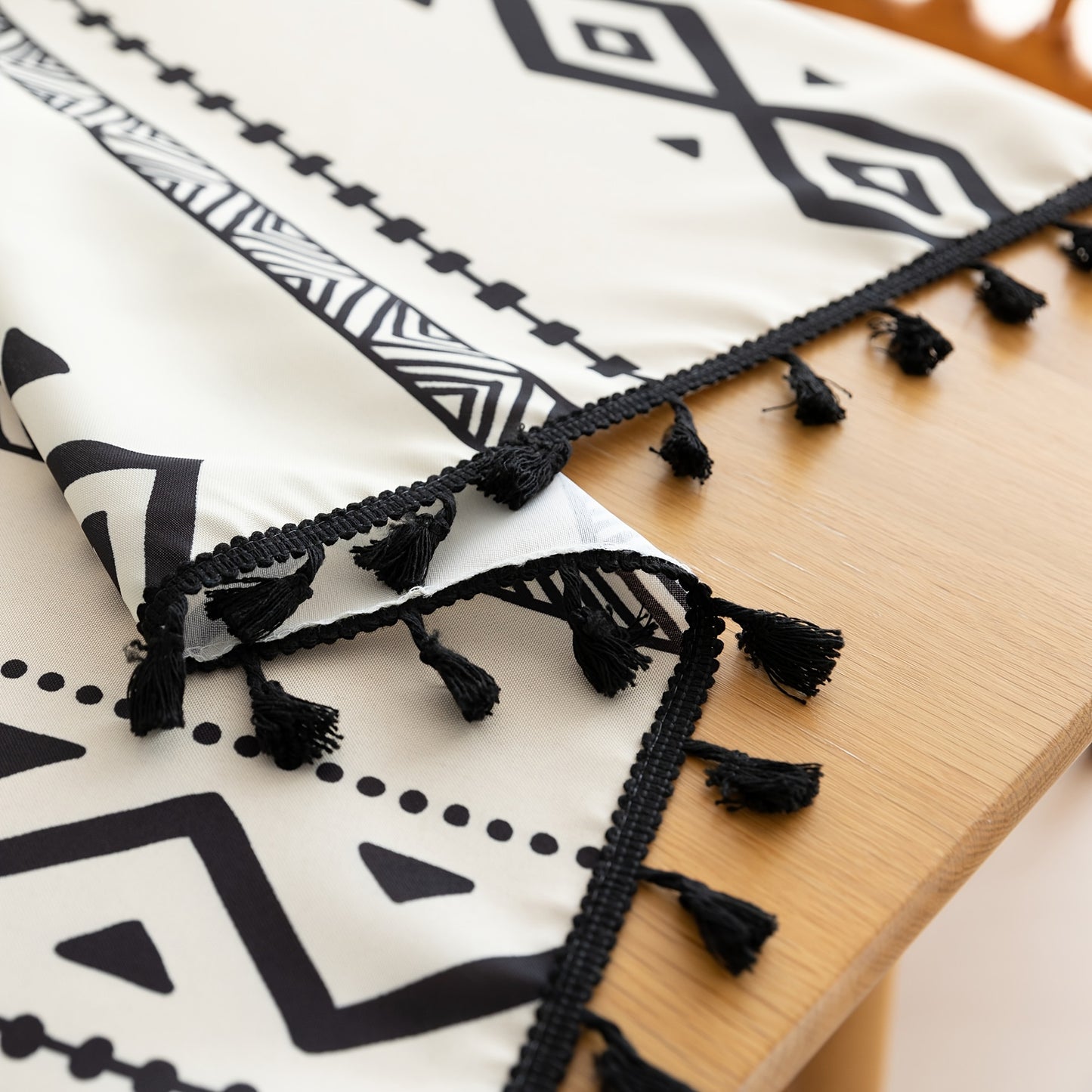Elegant Bohemian Black Geometric Tablecloth with Tassels - Durable Polyester, Machine-Made, Perfect for Holiday Gatherings & Daily Dining, Holiday Table Setting | Bohemian Style | Woven Texture, Table Decorations