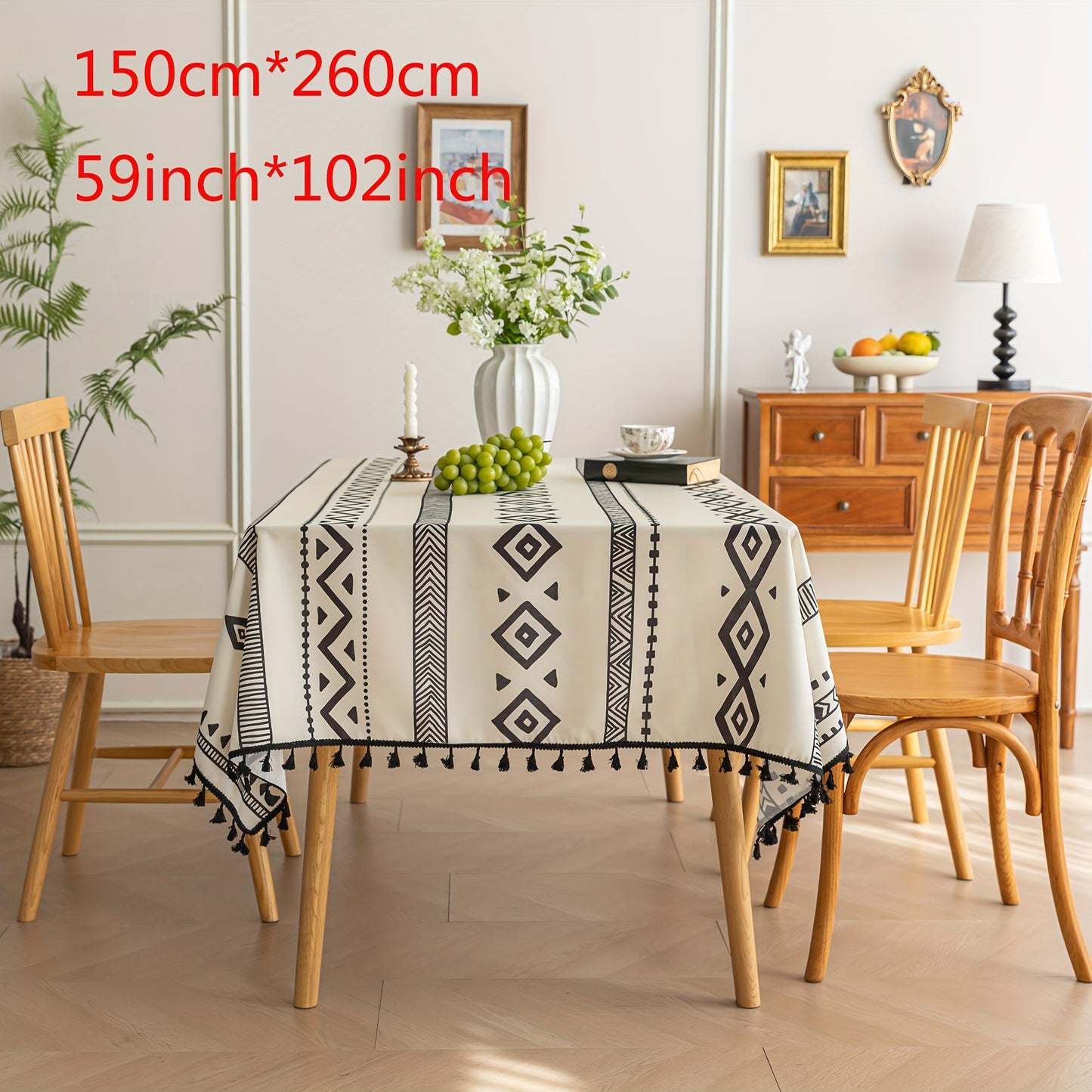 Elegant Bohemian Black Geometric Tablecloth with Tassels - Durable Polyester, Machine-Made, Perfect for Holiday Gatherings & Daily Dining, Holiday Table Setting | Bohemian Style | Woven Texture, Table Decorations