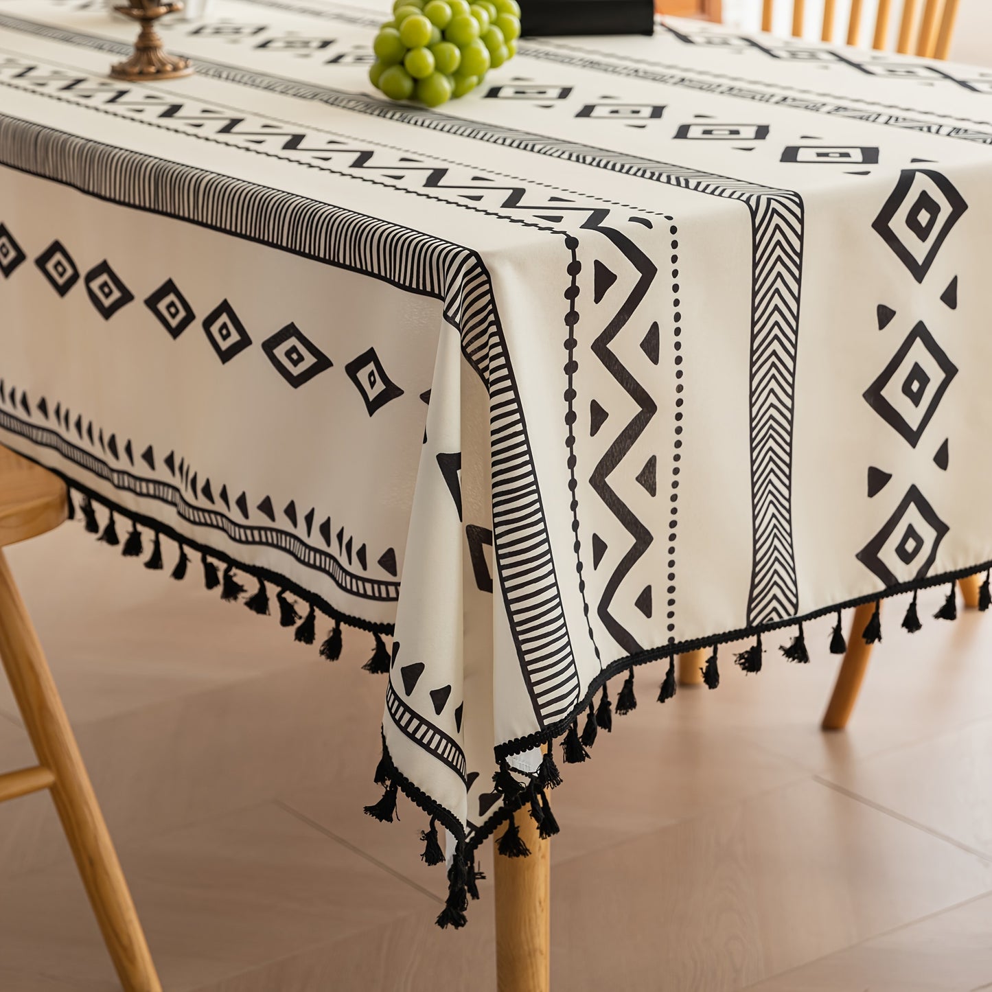 Elegant Bohemian Black Geometric Tablecloth with Tassels - Durable Polyester, Machine-Made, Perfect for Holiday Gatherings & Daily Dining, Holiday Table Setting | Bohemian Style | Woven Texture, Table Decorations